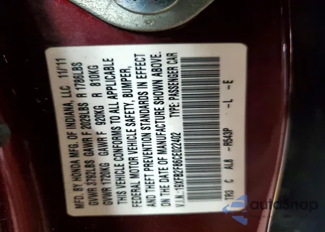 2012 Honda Civic Ex z USA, uszkodzony, nr VIN 19XFB2F86CE022402